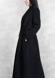 Fine Loose fitting maxi coat woolen outwear black tie waist pockets overcoat - SooLinen