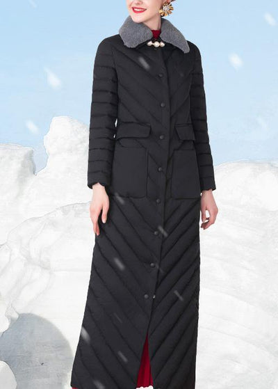 Fine Loose fitting snow jackets rabbit wool collar overcoat black big pockets down jacket woman - SooLinen