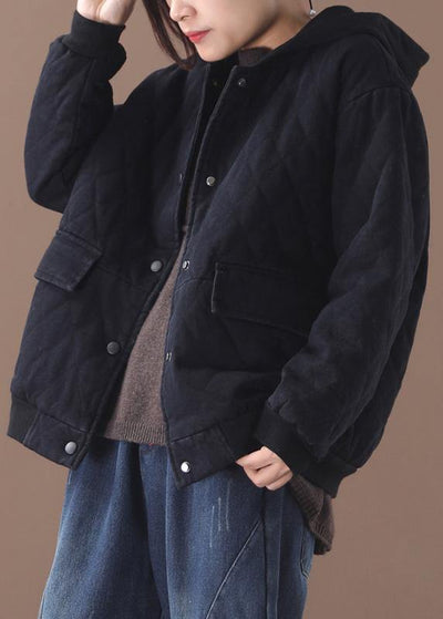 Fine Loose fitting snow jackets short outwear black hooded winter coats - SooLinen