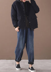 Fine Loose fitting snow jackets short outwear black hooded winter coats - SooLinen