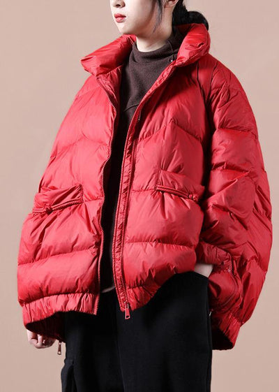 Fine Loose fitting snow jackets zippered Jackets red stand collar goose Down jackets - SooLinen