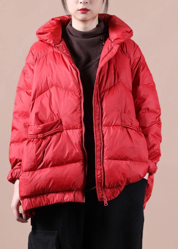 Fine Loose fitting snow jackets zippered Jackets red stand collar goose Down jackets - SooLinen