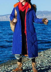 Fine Loose fitting winter jacket hooded Jackets blue side open zippered warm winter coat - SooLinen