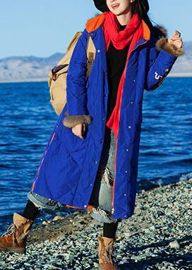 Fine Loose fitting winter jacket hooded Jackets blue side open zippered warm winter coat - SooLinen