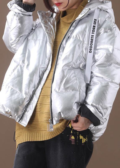 Fine Loose fitting womens overcoat silver white hooded zippered duck down coat - SooLinen