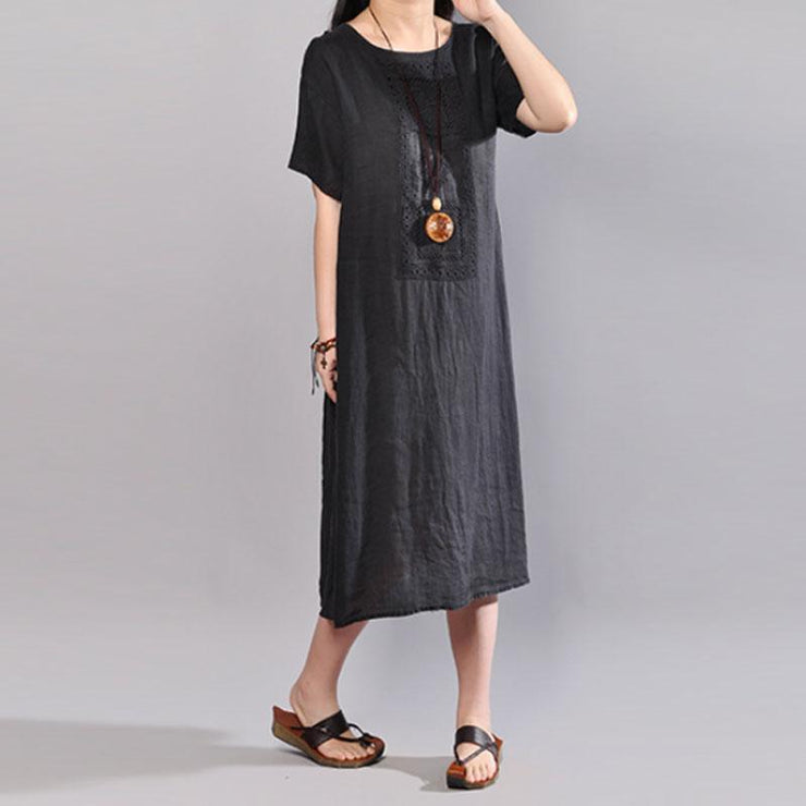Feines Leinenkleid in Midi-Länge, trendy plus Größe Sommer-Rundhals-Kurzarm-Flachskleid in reiner Farbe