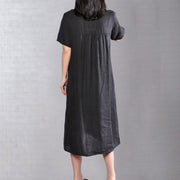 Feines Leinenkleid in Midi-Länge, trendy plus Größe Sommer-Rundhals-Kurzarm-Flachskleid in reiner Farbe