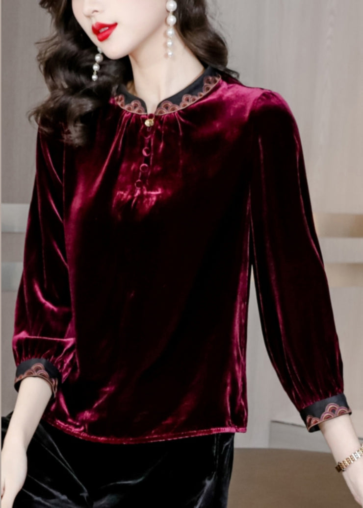 Fine Mulberry Mandarin Collar Silk Velour Shirt Top Spring