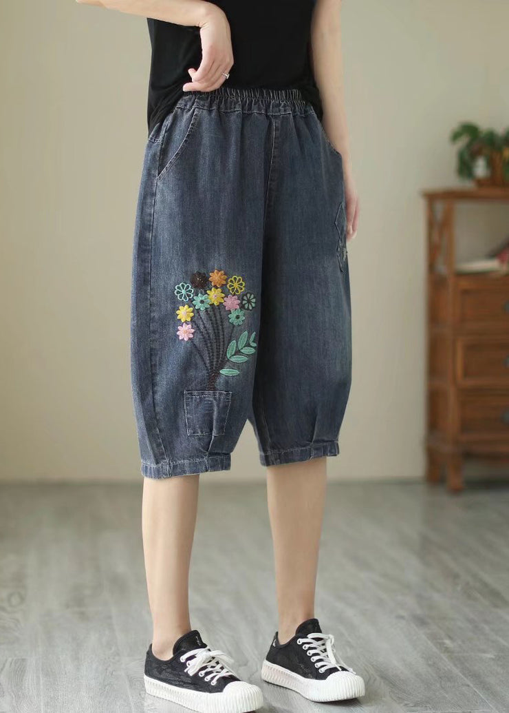 Fine Navy Embroidered Floral Denim Harem Pants Summer