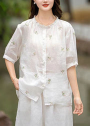 Fine Navy Embroidered Patchwork Linen Shirt Top Summer