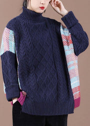 Fine Navy Patchwork High neck Fall Knit Sweater - SooLinen