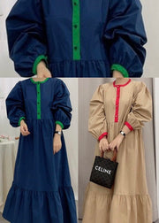 Fine Navy Puff Sleeve Patchwork Cotton Party Dress Spring
