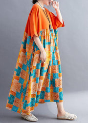Fine Orange Loose Patchwork Print Summer Holiday Dress Half Sleeve - SooLinen