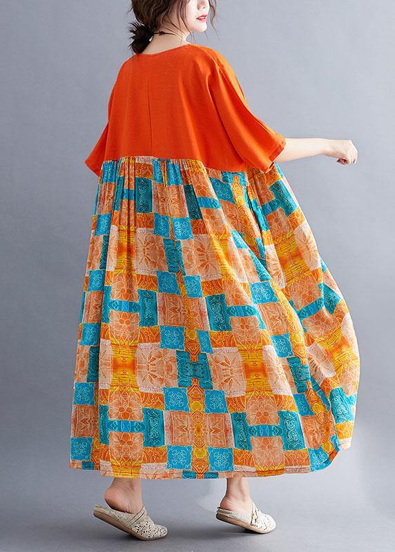 Fine Orange Loose Patchwork Print Summer Holiday Dress Half Sleeve - SooLinen