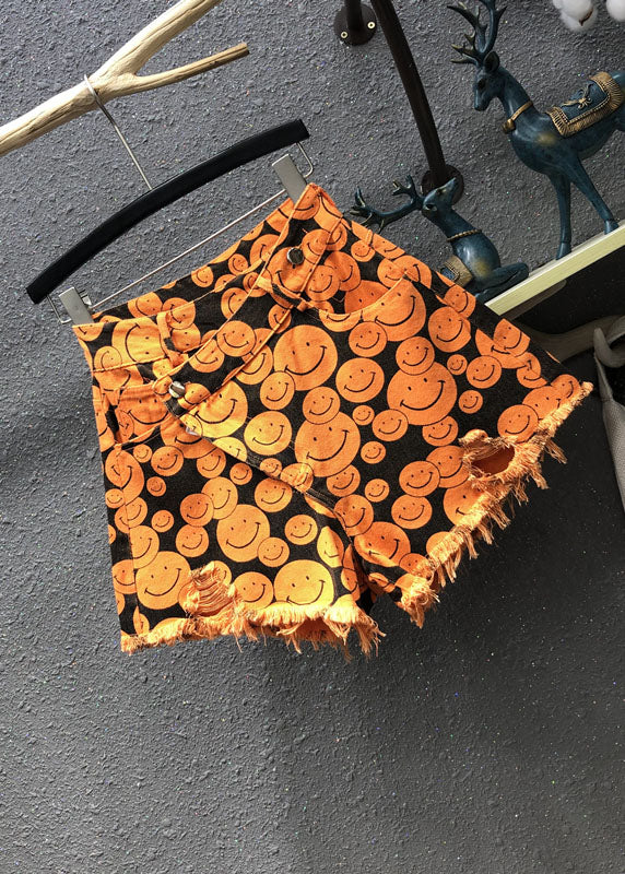 Fine Orange Print Patchwork Denim Wide Leg Shorts Summer