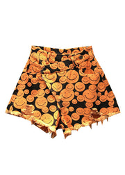Fine Orange Print Patchwork Denim Wide Leg Shorts Summer