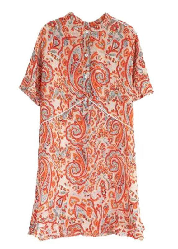 Fine Orange Stand Collar Print Patchwork Chiffon Dresses Summer