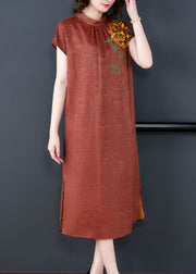 Fine Orange Stand Collar Print Side Open Silk Robe Dresses Summer