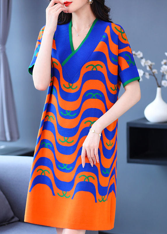 Fine Orange Striped Print V Neck Knit Holiday Dress Short Sleeve