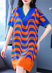 Fine Orange Striped Print V Neck Knit Holiday Dress Short Sleeve