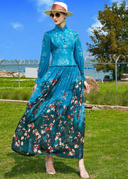 Fine Peacock Blue Mandarin Collar Ruffled Print Chiffon Cinch Dresses Spring