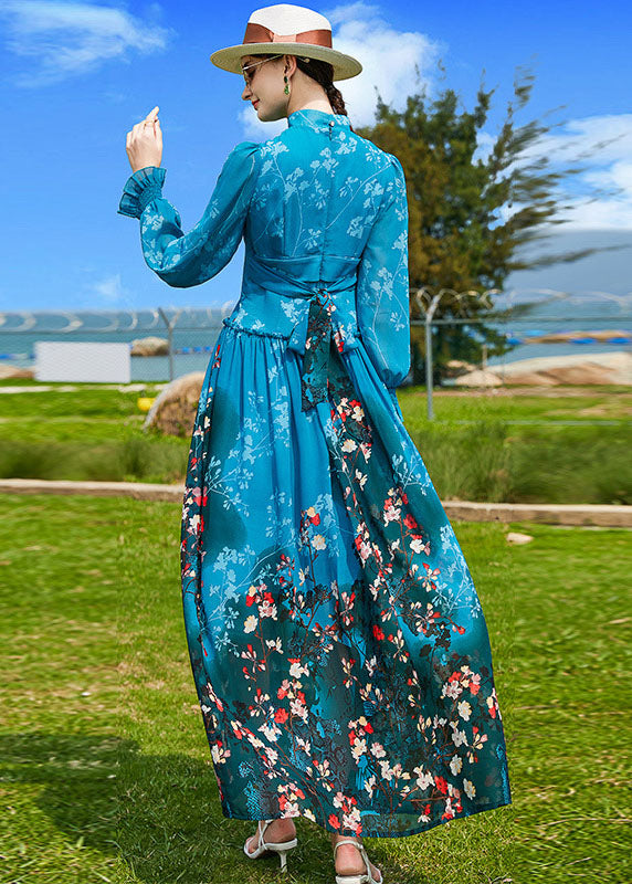 Fine Peacock Blue Mandarin Collar Ruffled Print Chiffon Cinch Dresses Spring