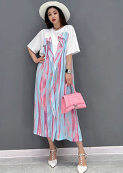 Fine Pink Asymmetrical Patchwork Ruffles Cotton Holiday Dress Short Sleeve