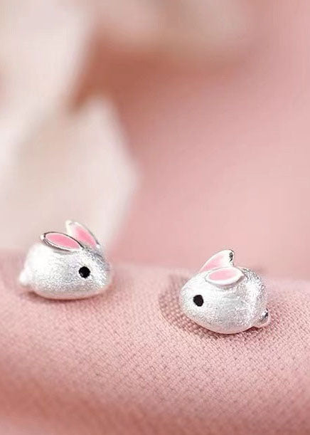 Fine Pink Lovely Little Rabbit Silver Stud Earrings