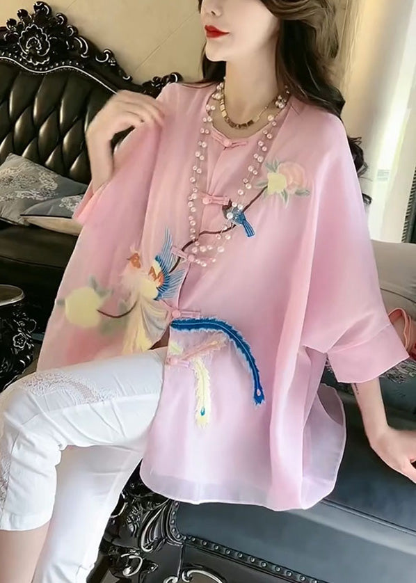 Fine Pink O-Neck Embroidered Floral Button Silk Shirt Summer