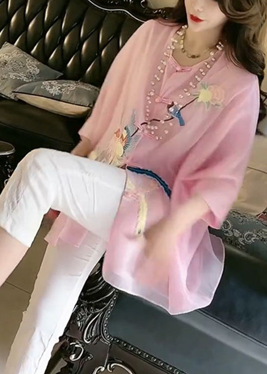 Fine Pink O-Neck Embroidered Floral Button Silk Shirt Summer