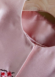 Fine Pink O-Neck Embroidered Patchwork Silk Coat Spring