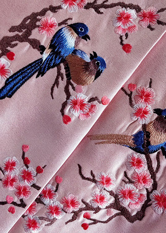 Fine Pink O-Neck Embroidered Patchwork Silk Coat Spring
