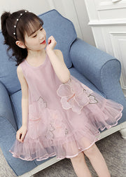Fine Pink O-Neck Patchwork Embroidered Patchwork Tulle Girls Long Dresses Sleeveless