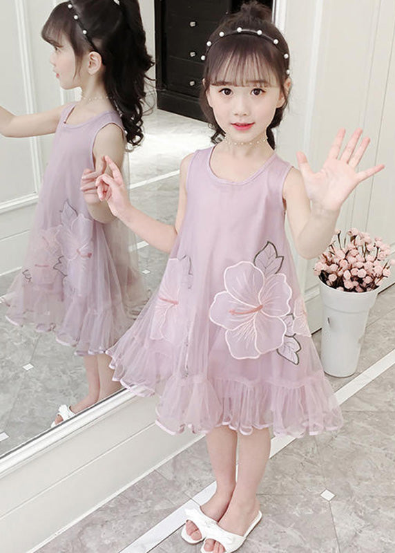 Fine Pink O-Neck Patchwork Embroidered Patchwork Tulle Girls Long Dresses Sleeveless