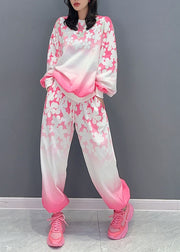 Fine Pink O-Neck Print Patchwork Cotton Two Piece Suit Set Long Sleeve