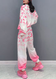 Fine Pink O-Neck Print Patchwork Cotton Two Piece Suit Set Long Sleeve