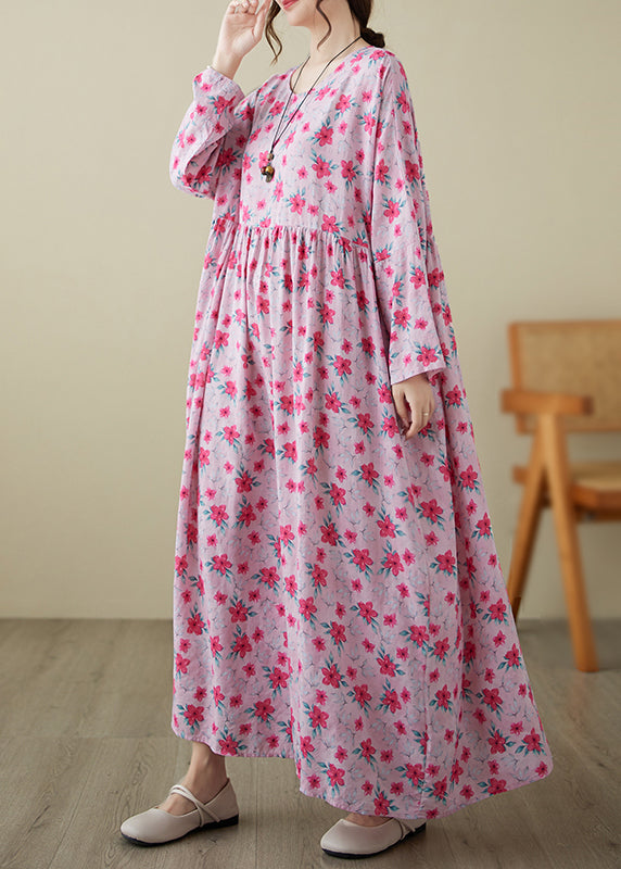 Fine Pink O-Neck Print Patchwork Long Dress Spring