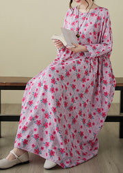 Fine Pink O-Neck Print Patchwork Long Dress Spring