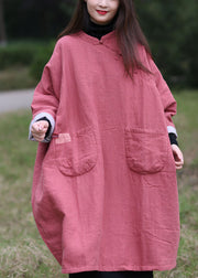 Fine Pink Oriental Button Oversized Pockets Cotton Filled Dress Spring