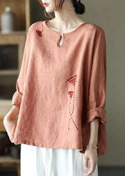 Fine Pink Oriental Retro O-Neck Fall Linen Long Sleeve Blouse Tops - SooLinen
