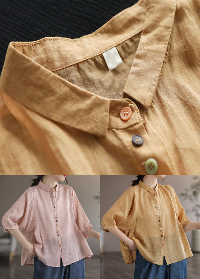Fine Pink Peter Pan Collar Patchwork Button Linen Shirt Summer