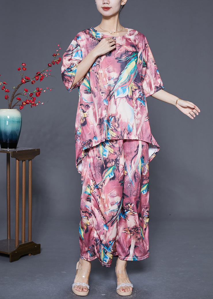 Fine Pink Print Low High Design Chiffon Two Pieces Set Summer