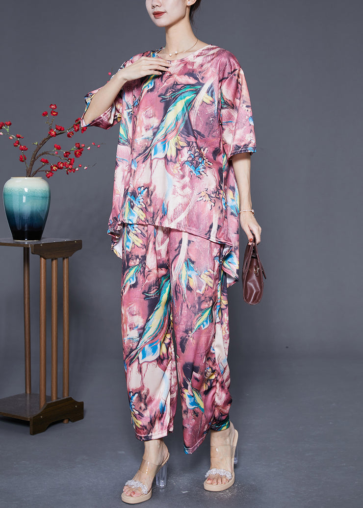 Fine Pink Print Low High Design Chiffon Two Pieces Set Summer