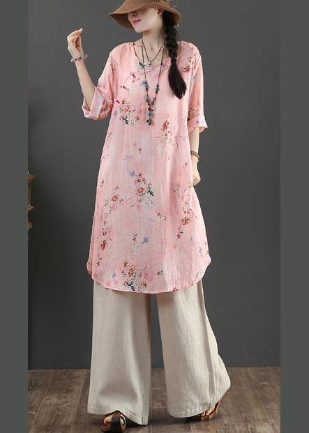 Fine Pink Print Pockets Long Linen Summer Blouse Tops - SooLinen