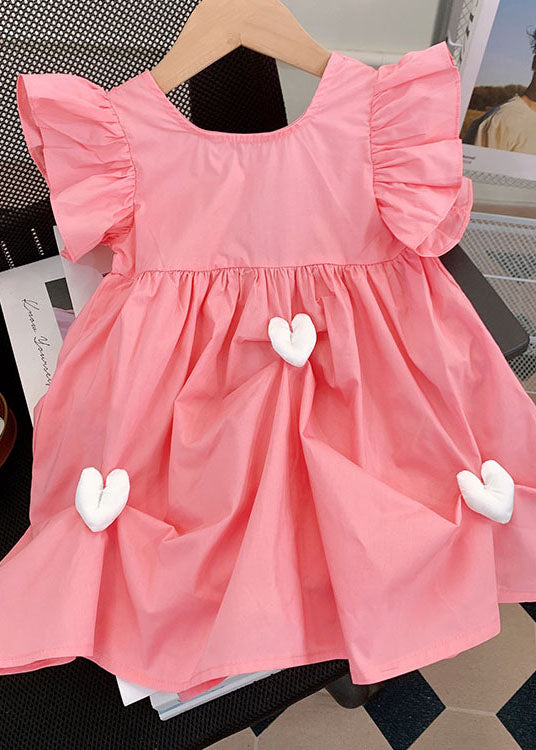 Fine Pink Ruffled Heart Patchwork Cotton Kids Girls Dresses Summer