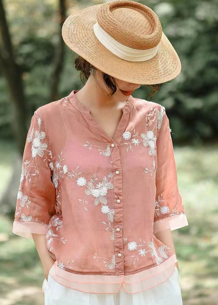Fine Pink V Neck Embroidered Patchwork Linen Shirt Summer
