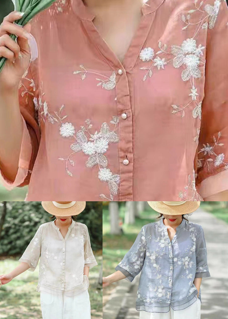 Fine Pink V Neck Embroidered Patchwork Linen Shirt Summer