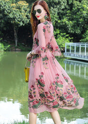 Fine Pink V Neck Embroidered Patchwork Silk Dresses Summer