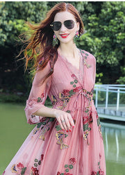 Fine Pink V Neck Embroidered Patchwork Silk Dresses Summer