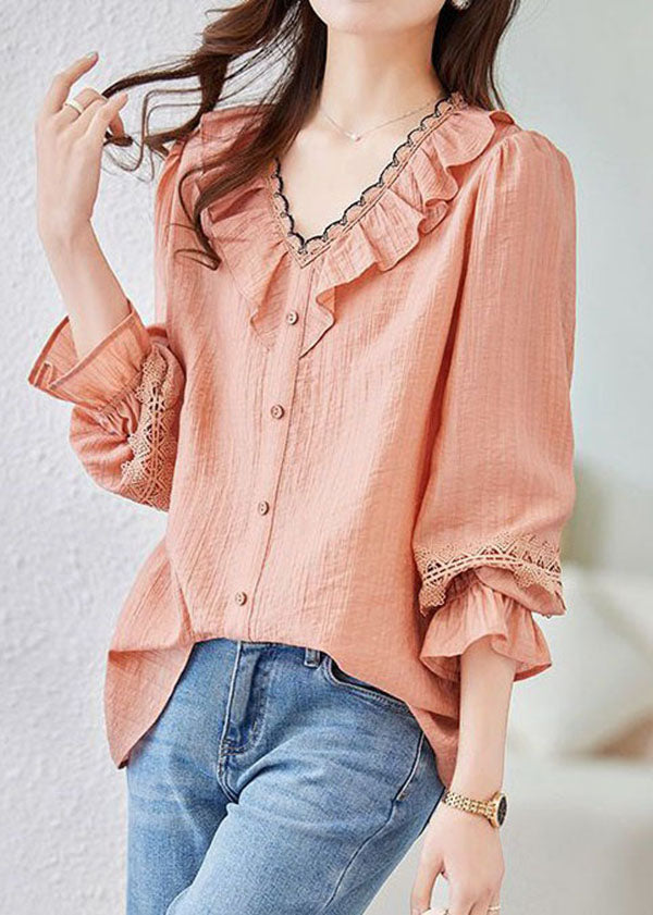 Fine Pink V Neck Ruffled Hollow Out Lace Patchwork Cotton Shirt Spring